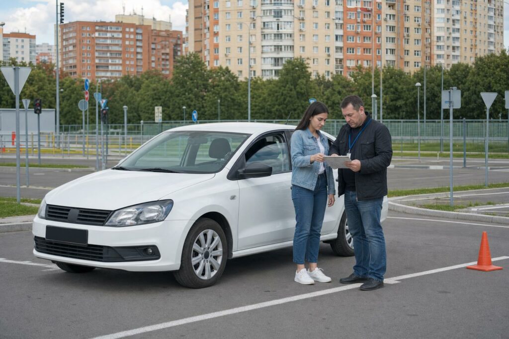 Учебный автомобиль автошколы на городской площадке